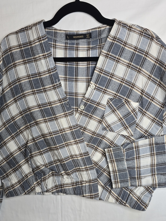 Hesperus Tops - Hesperus Gray Brown Plais Long Sleeve Crossover Buttondown Country Granola Boho